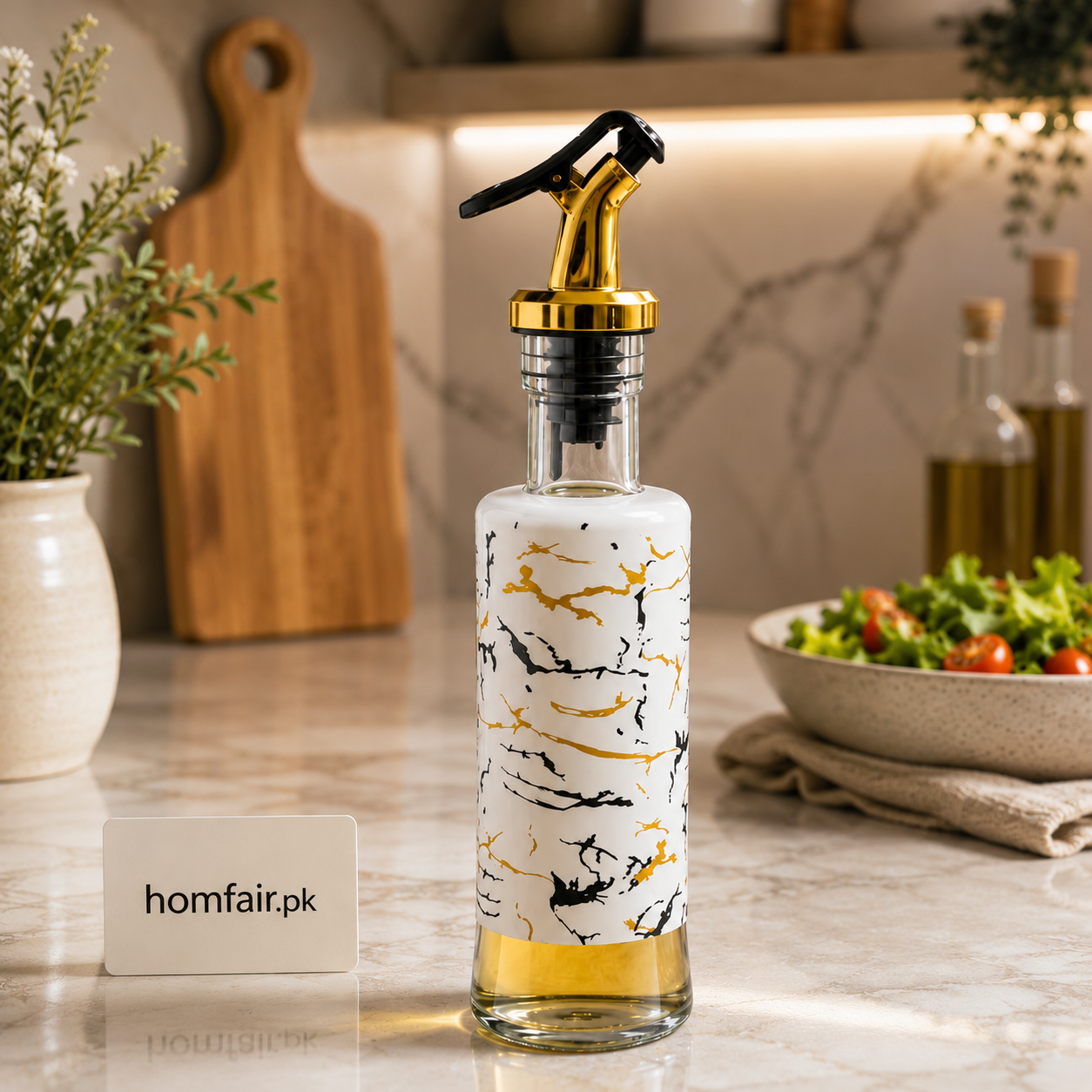 Premium Marble Glass Oil Dispenser Bottle with Gold Pour Spout – 300ml