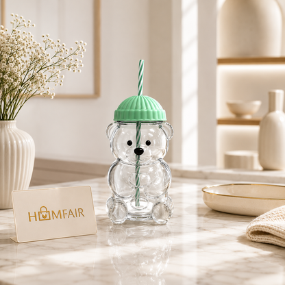 Bear Shaped Glass Tumbler with Straw & Lid – Cute Drinking Cup