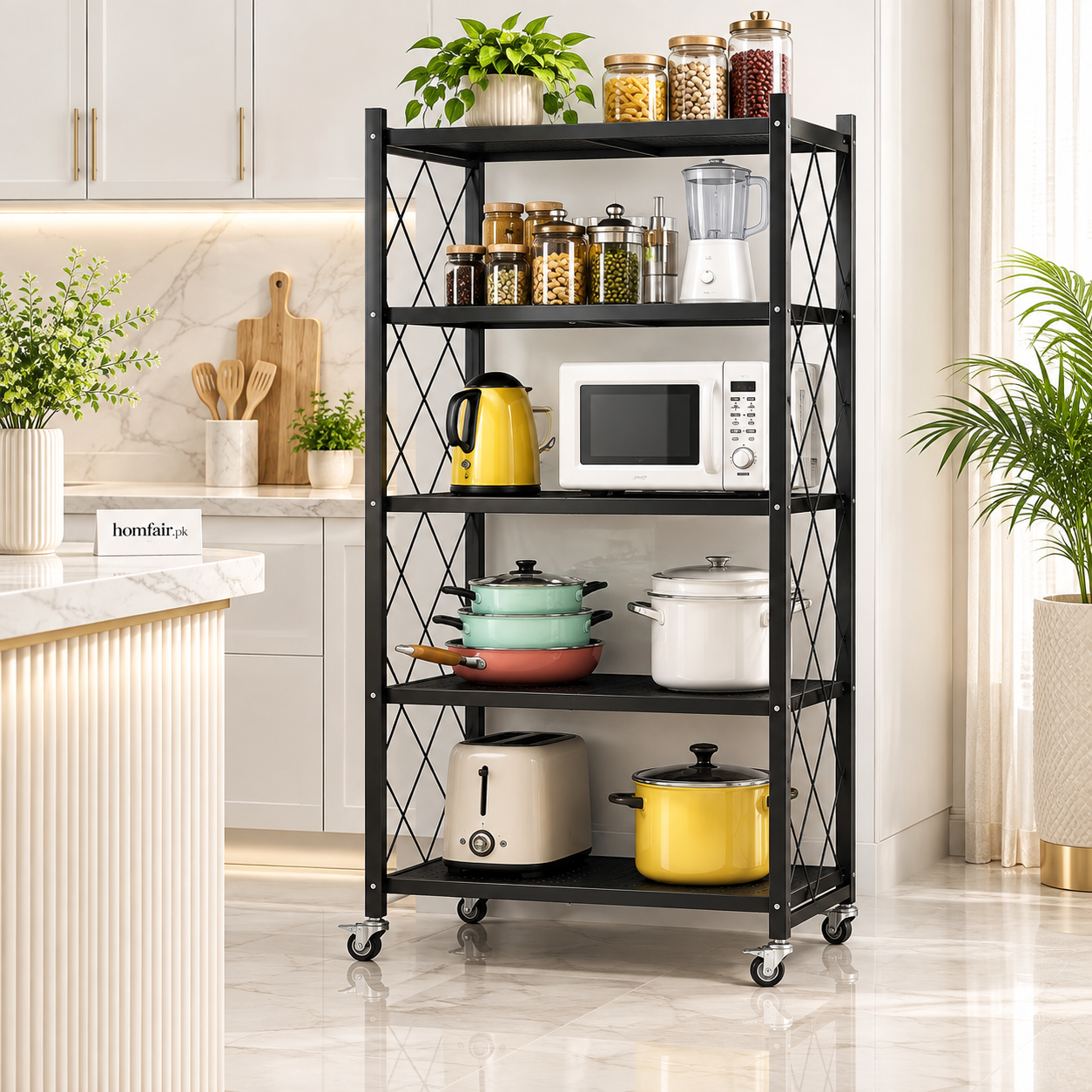 Foldable Heavy-Duty Multilayers Kitchen Storage Rack with Wheels