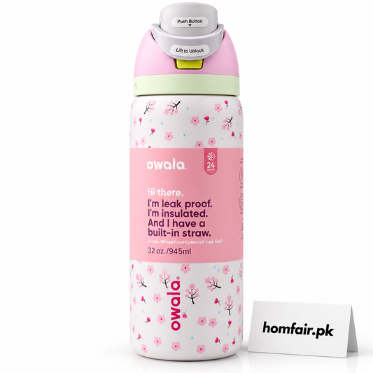 Owala 32oz white floral insulated water bottle with pink flowers, built-in straw and locking lid