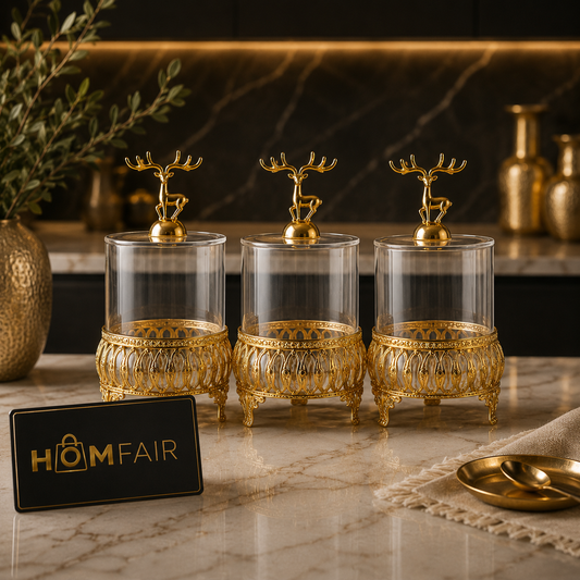 Luxury Deer Glass Storage Jar Set (3 Pcs) – Gold Decorative Candy & Dry Fruit Containers