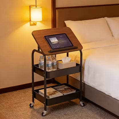 Luxury Rolling Sofa Side Table with Flip-Top Laptop Desk & 2-Tier Storage Cart on Wheels