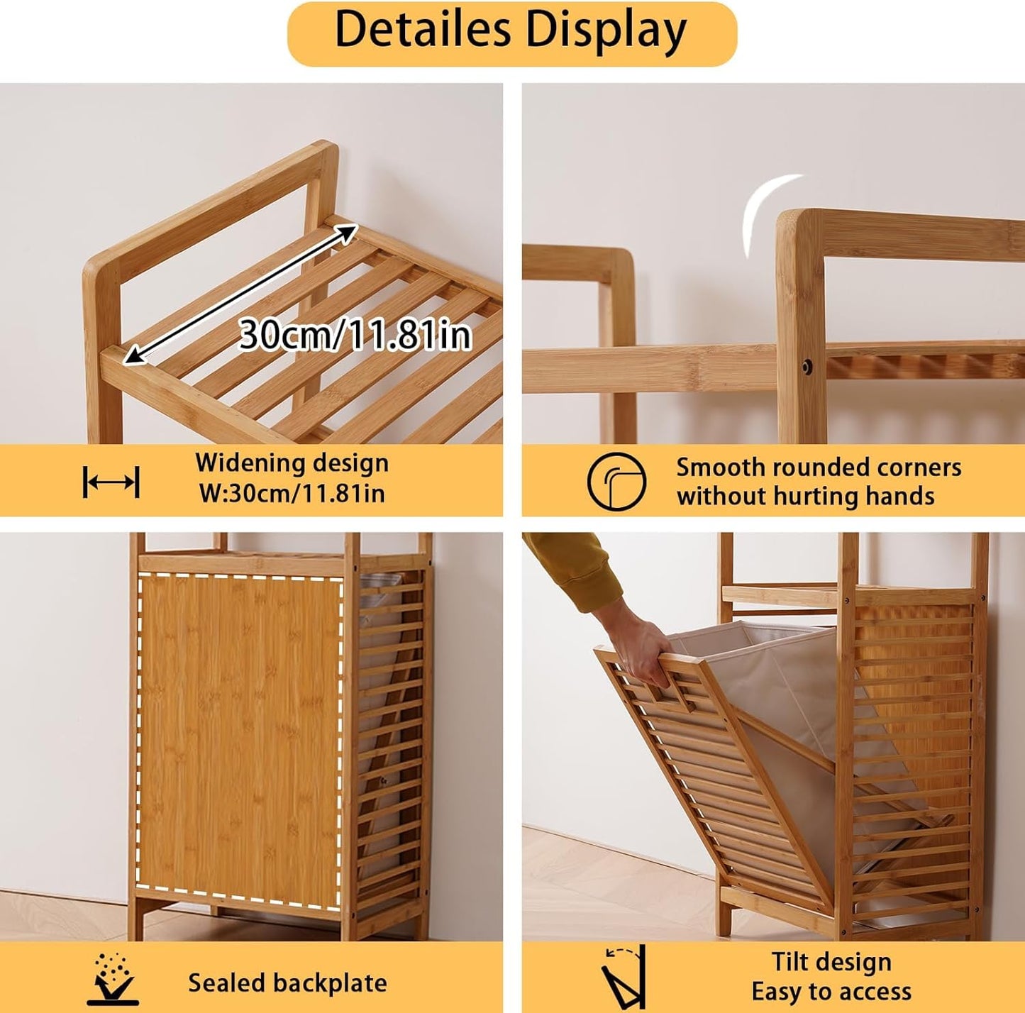Luxury Bamboo Storage Shelf with Laundry Hamper & Open Shelves – Japandi Bathroom Organizer