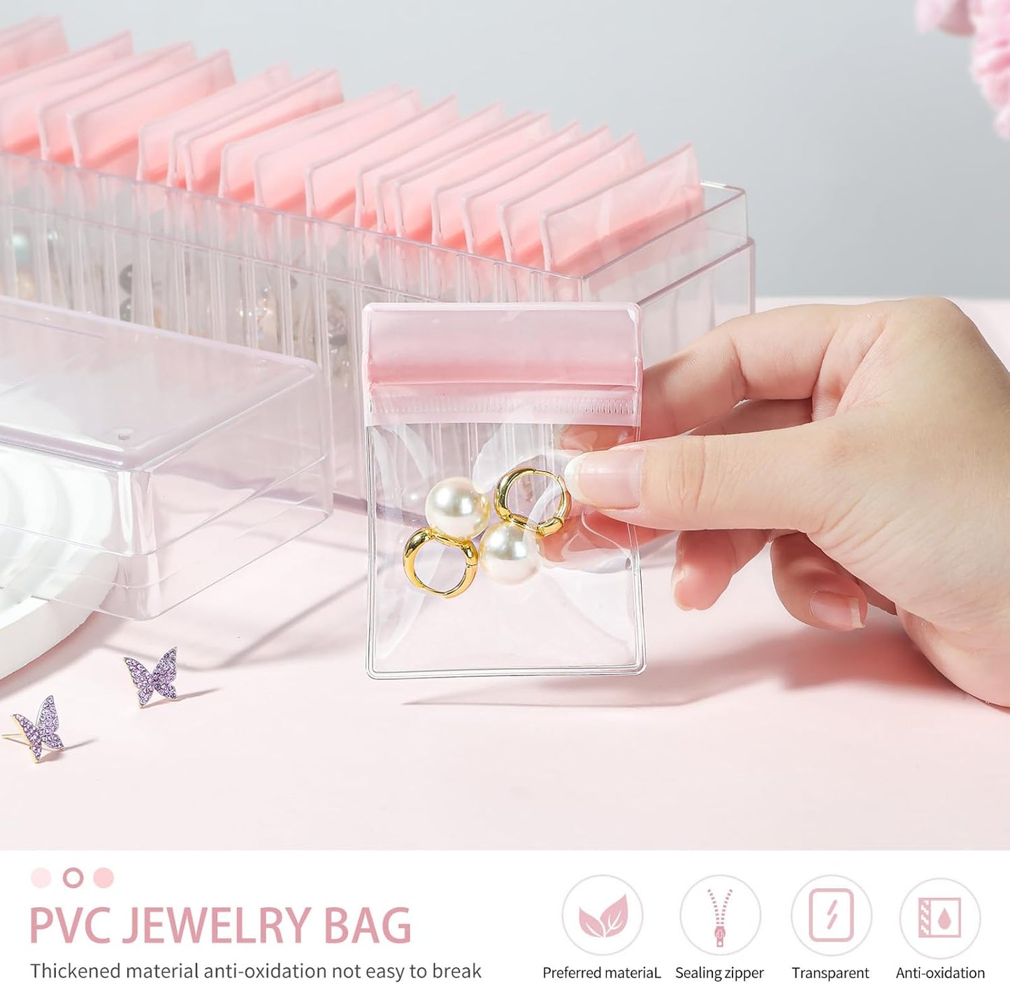 Clear Jewellery Organizer Box with 20 PVC Resealable Zip Bags – Compact Storage for Rings, Earrings, Necklaces & Accessories