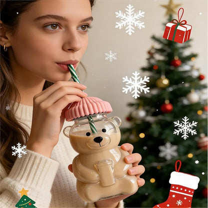 Bear Shaped Glass Tumbler with Straw & Lid – Cute Drinking Cup