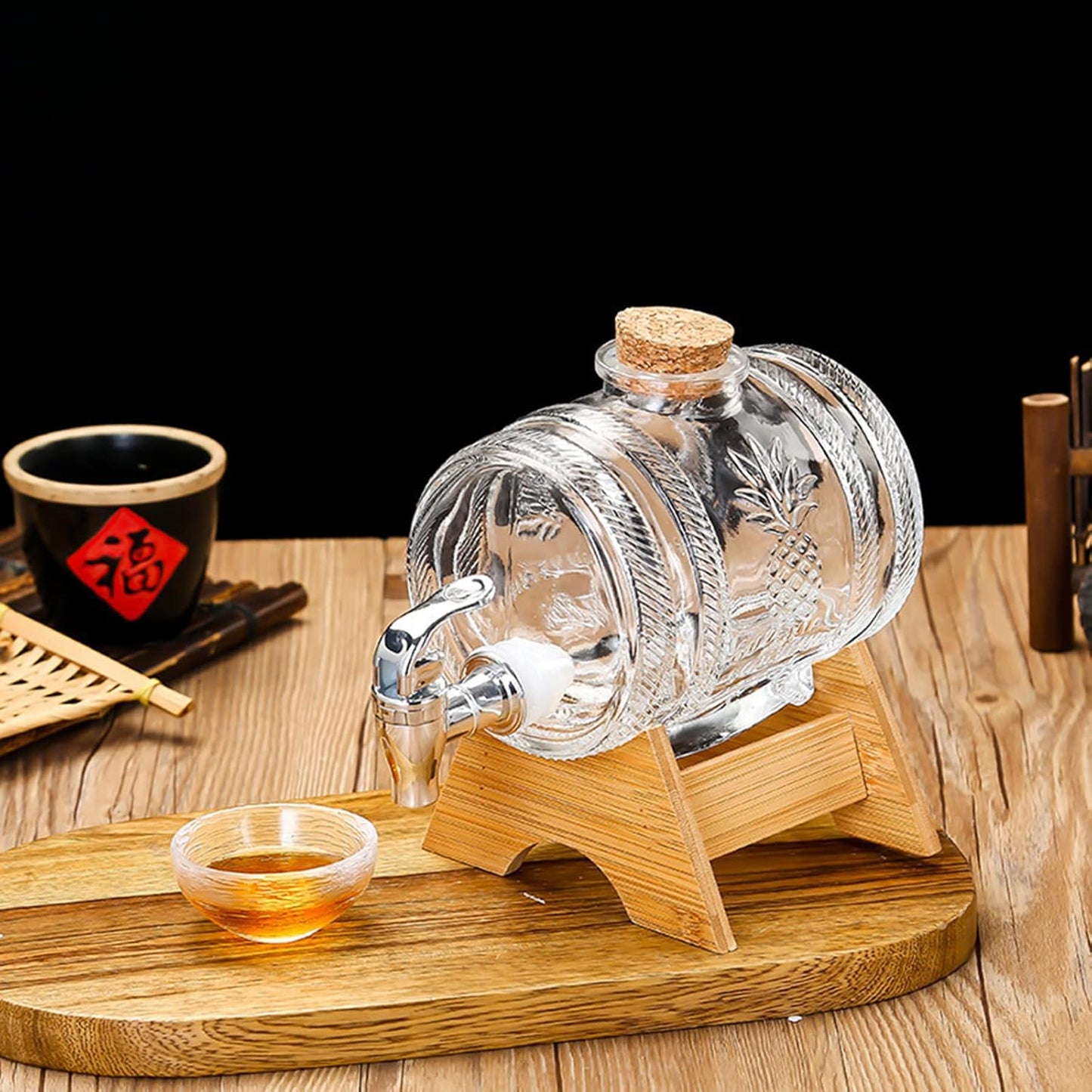 Glass Barrel Beverage Dispenser With Wooden Stand And Top Pineapple Embossed Drink Server