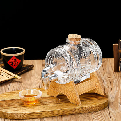 Glass Barrel Beverage Dispenser With Wooden Stand And Top Pineapple Embossed Drink Server