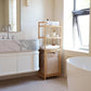 Luxury Bamboo Storage Shelf with Laundry Hamper & Open Shelves – Japandi Bathroom Organizer