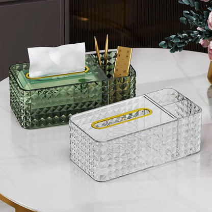 Luxury Crystal Tissue Box Organizer with Remote Holder & Storage Compartments