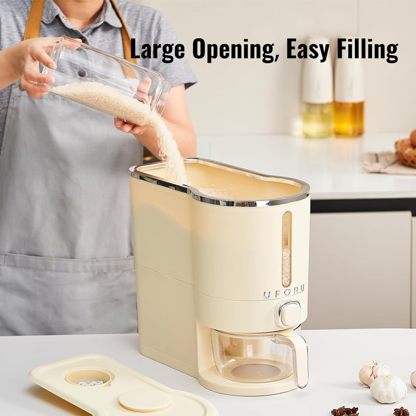 Rice Dispenser Container – Airtight Wall-Mounted Dry Food Storage with One-Touch Measuring Cup for Kitchen Pantry