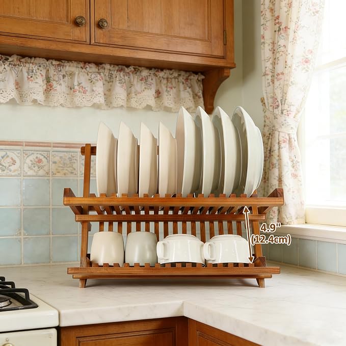 Foldable Bamboo Dish Rack, Kitchen Countertops, Wooden Plate Holder, Dish Drying Organizer.