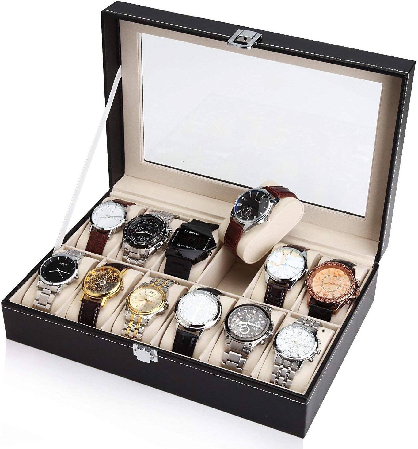 Luxury 12-Slot Watch Organizer Box with Glass Display Lid