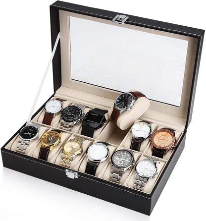 Luxury 12-Slot Watch Organizer Box with Glass Display Lid