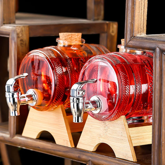Glass Barrel Beverage Dispenser With Wooden Stand And Top Pineapple Embossed Drink Server