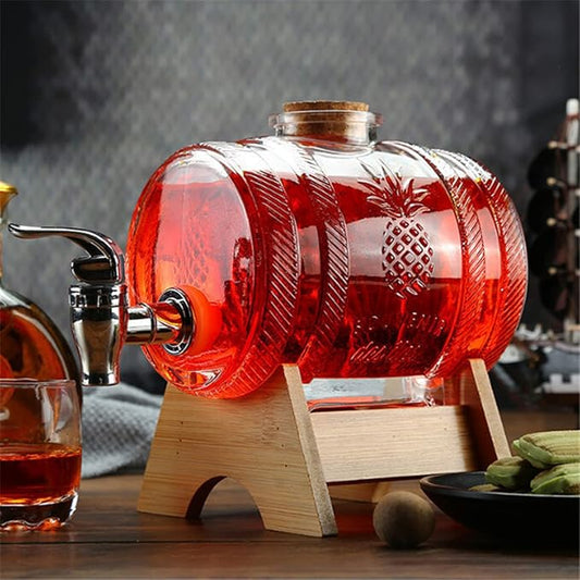 Glass Barrel Beverage Dispenser With Wooden Stand And Top Pineapple Embossed Drink Server