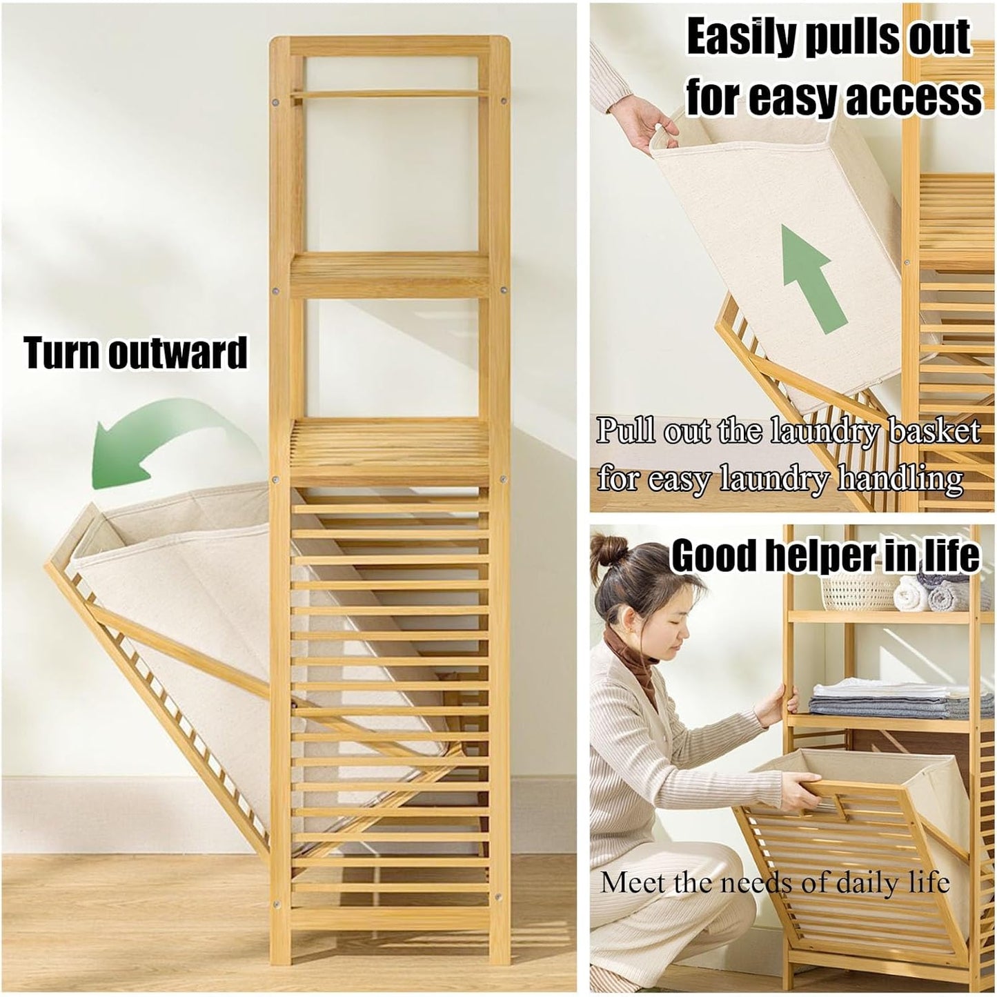 Luxury Bamboo Storage Shelf with Laundry Hamper & Open Shelves – Japandi Bathroom Organizer