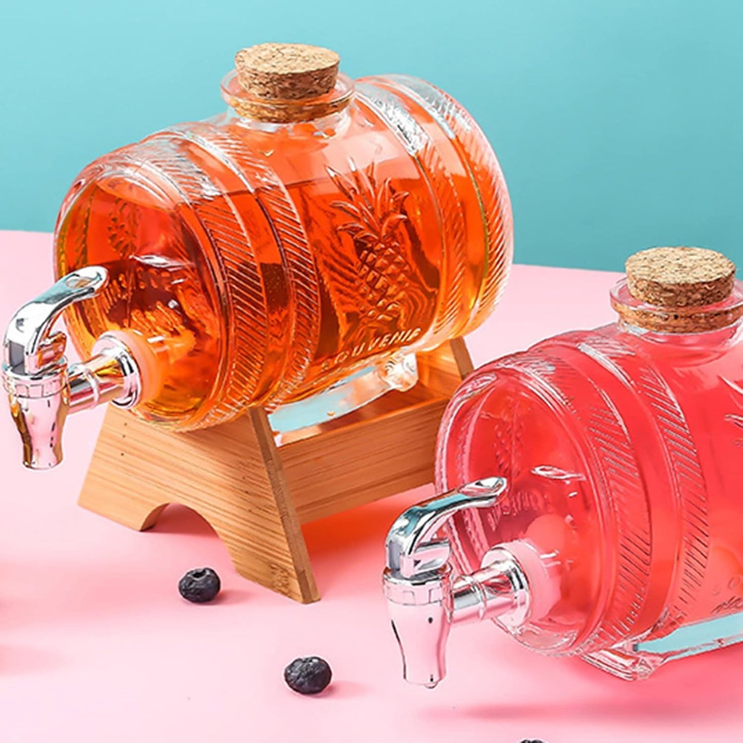 Glass Barrel Beverage Dispenser With Wooden Stand And Top Pineapple Embossed Drink Server