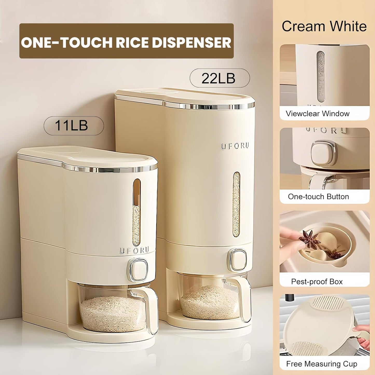 Rice Dispenser Container – Airtight Wall-Mounted Dry Food Storage with One-Touch Measuring Cup for Kitchen Pantry