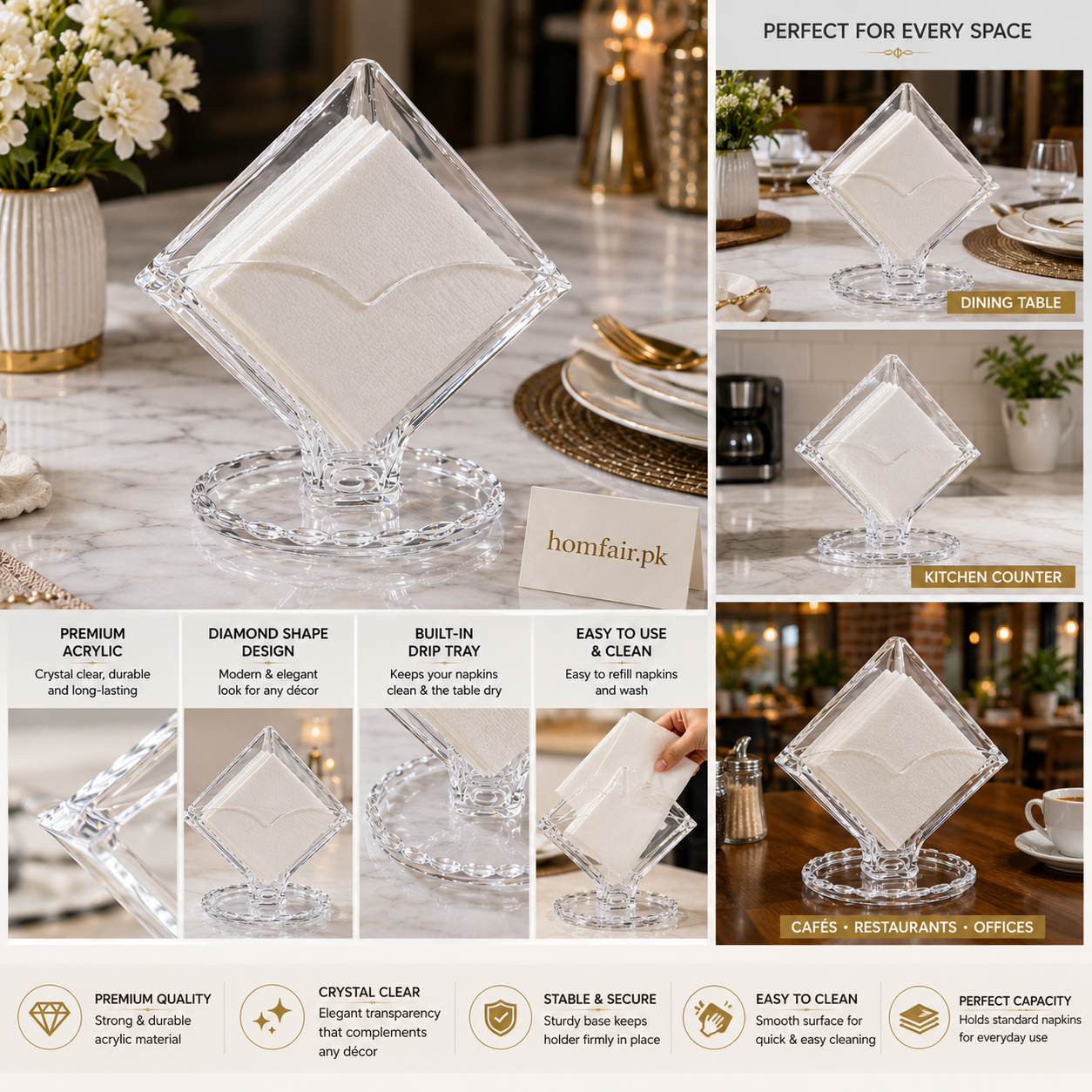 Premium Crystal Clear Acrylic Napkin Holder with Drip Tray – Modern Tabletop Tissue Dispenser