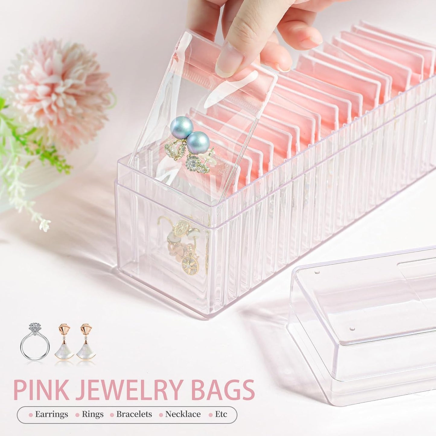 Clear Jewellery Organizer Box with 20 PVC Resealable Zip Bags – Compact Storage for Rings, Earrings, Necklaces & Accessories