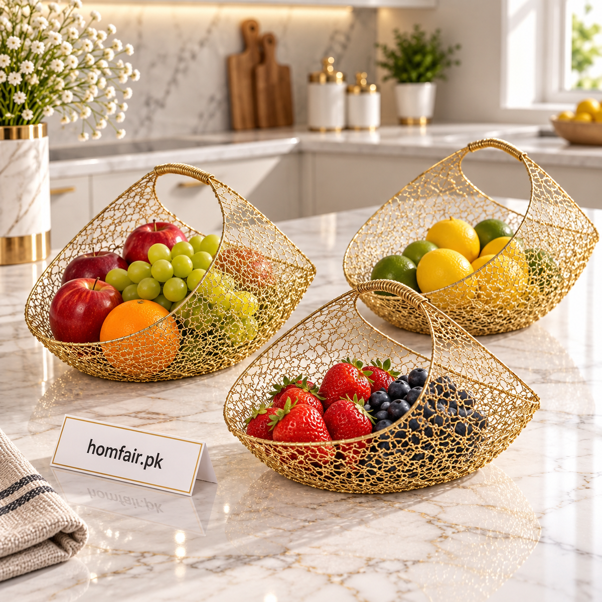 Gold Wire Mesh Decorative Basket Set of 3 for Modern Home Décor