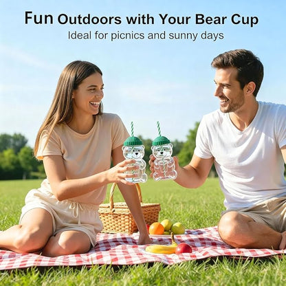 Bear Shaped Glass Tumbler with Straw & Lid – Cute Drinking Cup