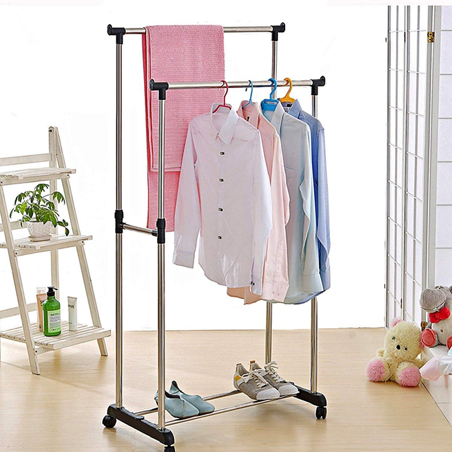 Double-Pole 2 Layer Cloth Hanging Rack Adjustable Clothes Organize