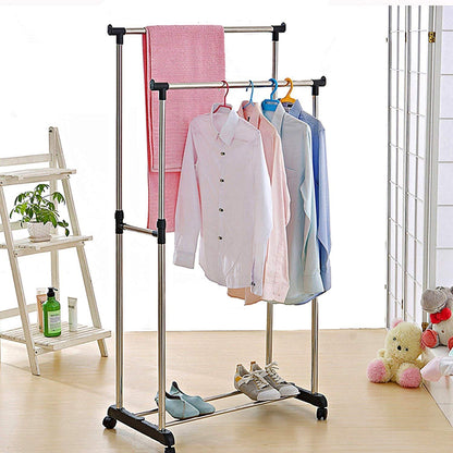 Double-Pole 2 Layer Cloth Hanging Rack Adjustable Clothes Organize