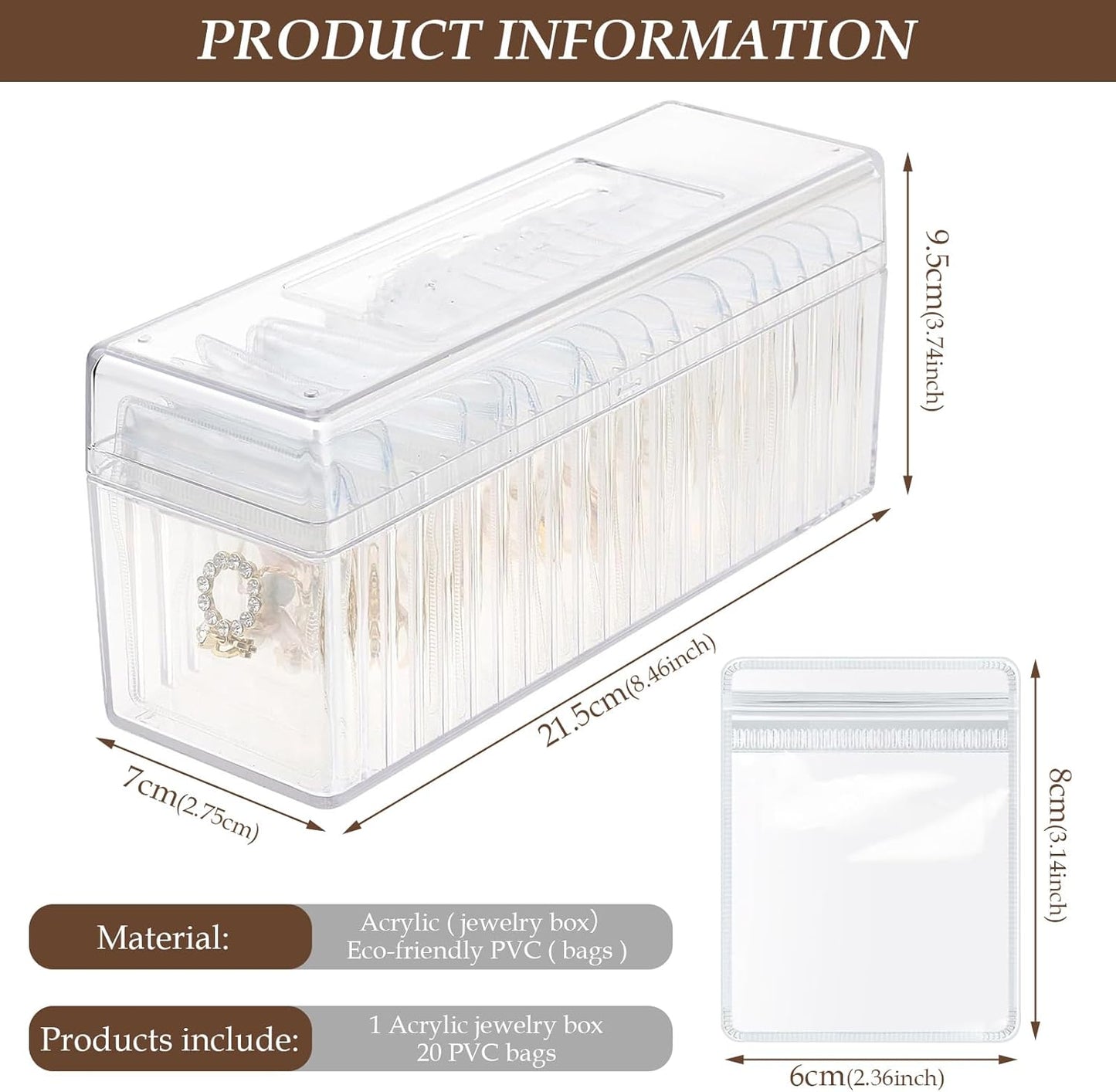 Clear Jewellery Organizer Box with 20 PVC Resealable Zip Bags – Compact Storage for Rings, Earrings, Necklaces & Accessories