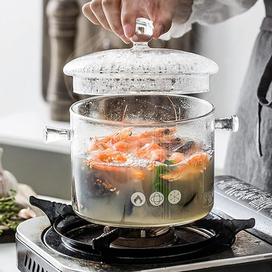 Glass Pots for Cooking On Stove Glass Heat-Resistant Glass Simmer Borosilicate Glass Cooking Pot with Lid and Handles
