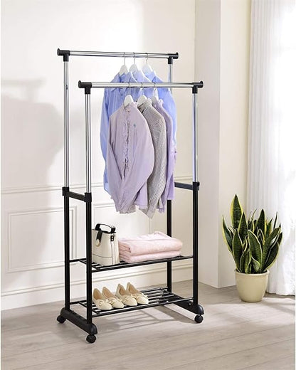 Double-Pole 2 Layer Cloth Hanging Rack Adjustable Clothes Organize