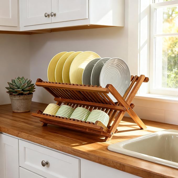 Foldable Bamboo Dish Rack, Kitchen Countertops, Wooden Plate Holder, Dish Drying Organizer.