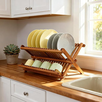 Foldable Bamboo Dish Rack, Kitchen Countertops, Wooden Plate Holder, Dish Drying Organizer.