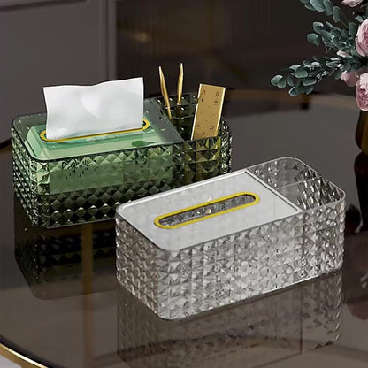 Luxury Crystal Tissue Box Organizer with Remote Holder & Storage Compartments