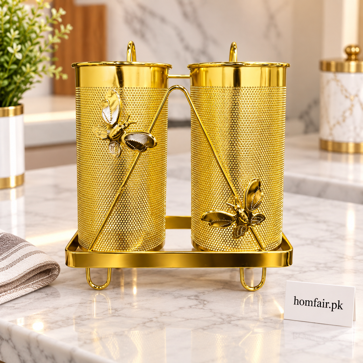 Luxury Golden Double Cutlery Holder with Decorative Butterfly Design