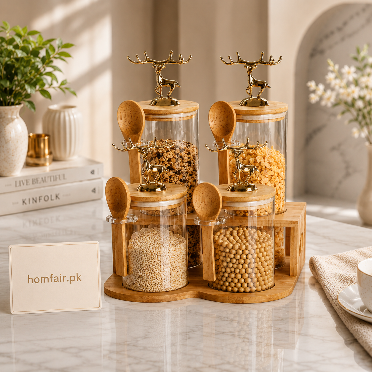 Luxury Glass Storage Jar Set with Bamboo Stand & Golden Deer Lids (4 Jars)