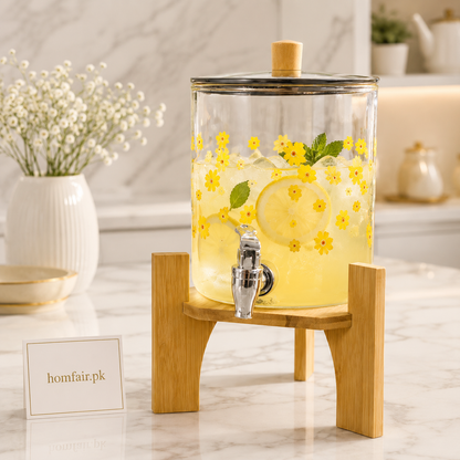 Glass Beverage Dispenser with Wooden Stand & Tap