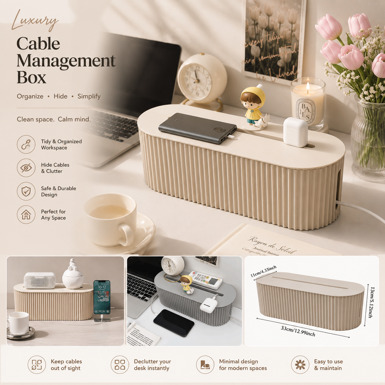 Premium Ribbed Cable Management Box & Desk Organizer – Large Size