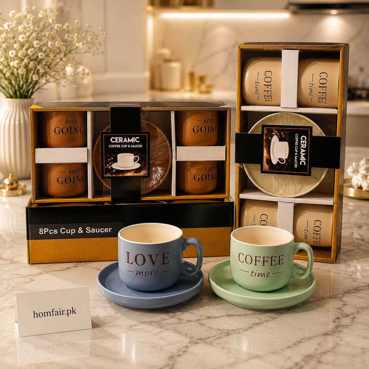 Danny Home Ceramic Coffee Cup & Saucer Set – 8 Pcs