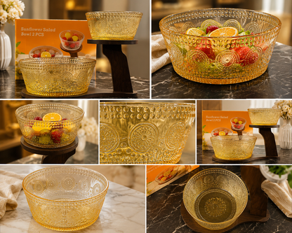 Embossed Amber Glass Sunflower Salad Bowl Set (2-Piece)