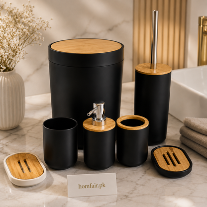 6-Piece Matte Black Bamboo Bathroom Accessories Set | Modern Bathroom Organizer Collection