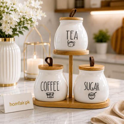 Ceramic 3-Piece Kitchen Storage Jar Set with Airtight Lids & Wooden Stand