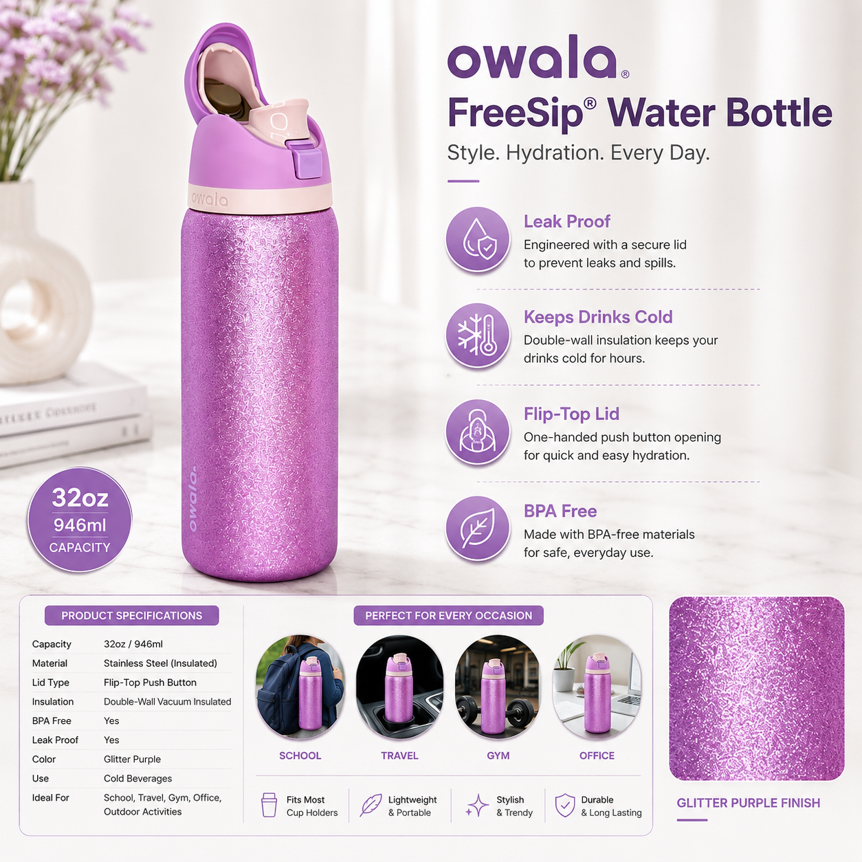 Owala FreeSip Glitter Purple Water Bottle 32oz 946ml with Flip-Top Lid