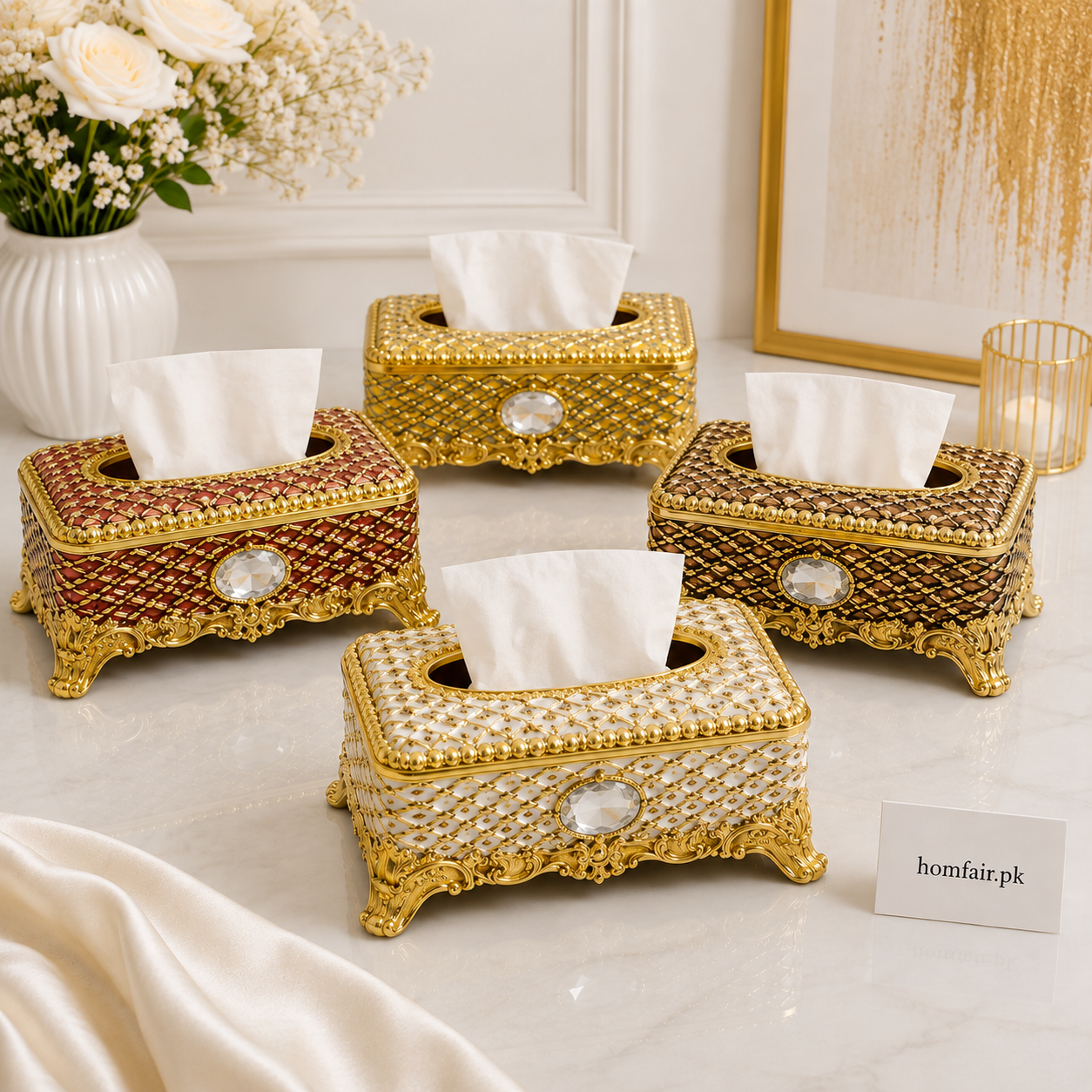 Luxury Crystal Design Tissue Box Holder with Gold Finish