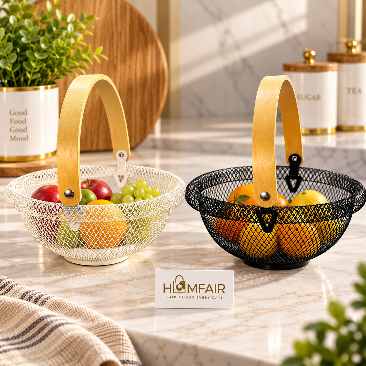 Luxury Mesh Fruit Basket with Wooden Handle Decorative Kitchen Countertop Storage Basket