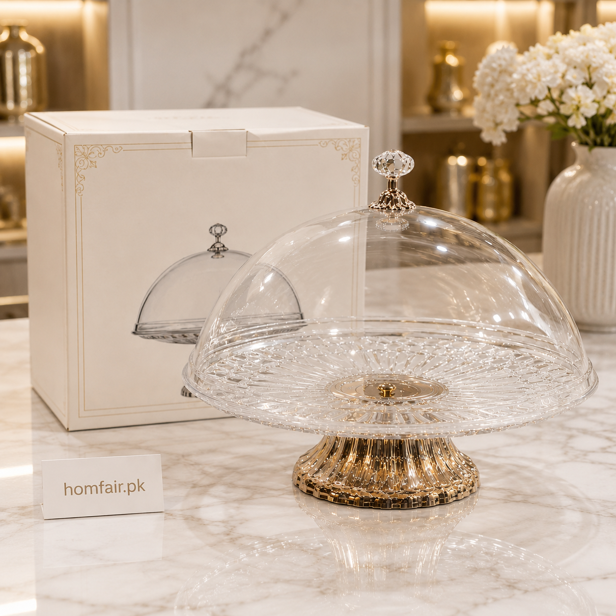 Clear Acrylic Cake Stand with Dome Lid & Gold Base
