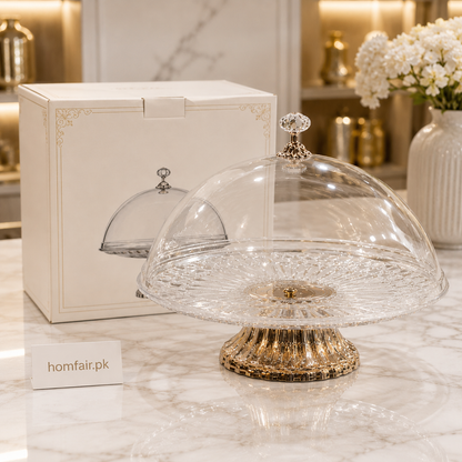 Clear Acrylic Cake Stand with Dome Lid & Gold Base