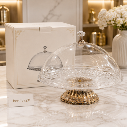 Clear Acrylic Cake Stand with Dome Lid & Gold Base