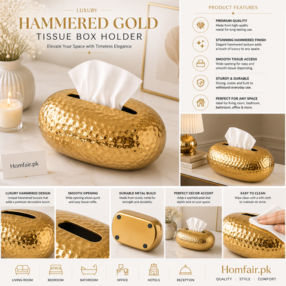 Luxury Hammered Gold Oval Tissue Box Holder – Modern Decorative Tissue Case