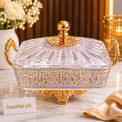 Luxury Acrylic Casserole Serving Dish with Gold Stand & Lid